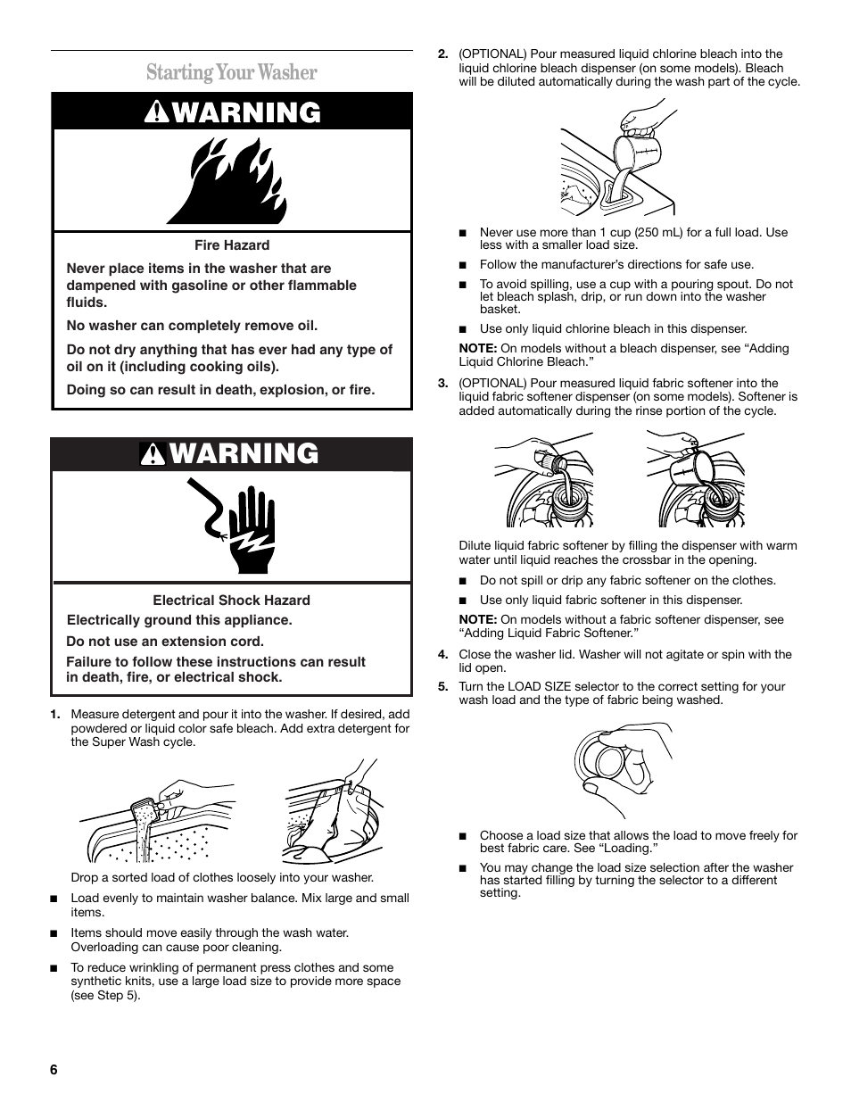 Warning, Starting your washer | Whirlpool 8539782 User Manual | Page 6 / 20