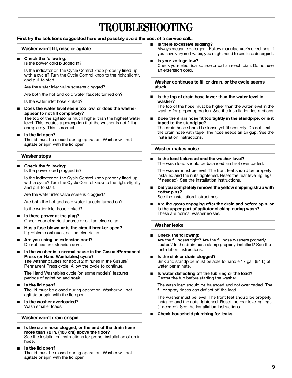 Troubleshooting | Whirlpool 8539782 User Manual | Page 9 / 20