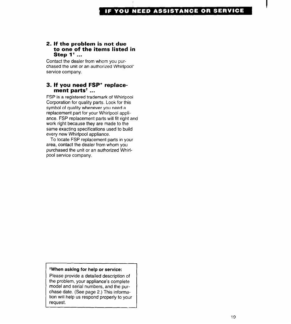 When asking for help or service | Whirlpool 3VET16GK User Manual | Page 19 / 20