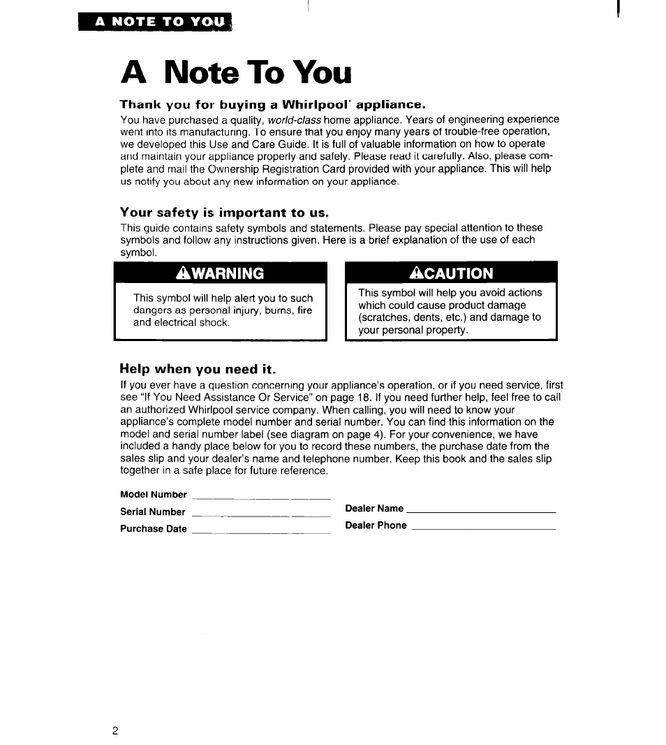 A note to yoo, A note to you | Whirlpool 3VET16GK User Manual | Page 2 / 20