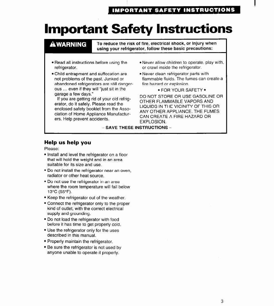 Important safety instructions, Help us help you | Whirlpool 3VET16GK User Manual | Page 3 / 20