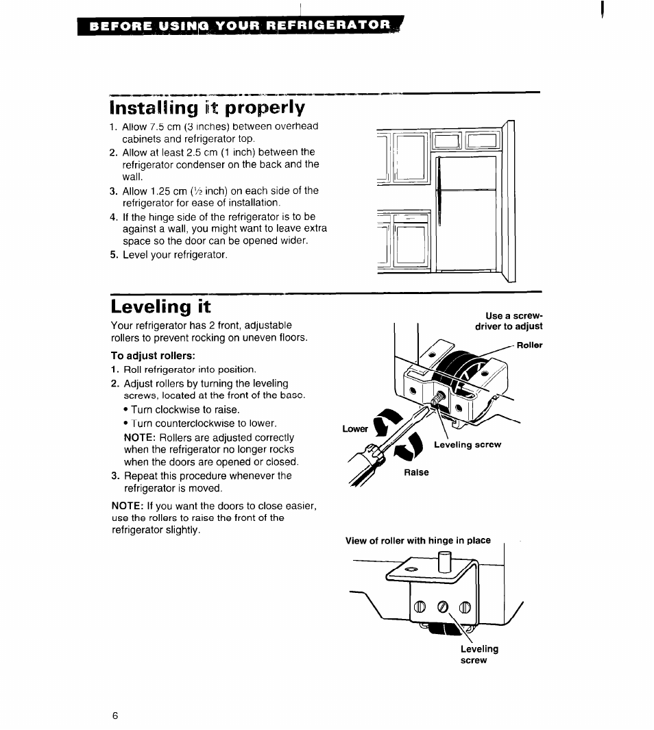 Instasfing it properly, Leveling it, Instasfing | Properly | Whirlpool 3VET16GK User Manual | Page 6 / 20