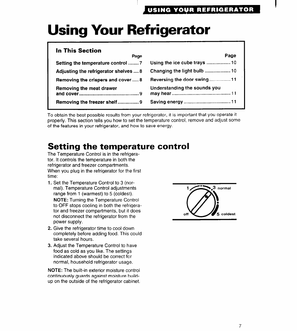 Using your refrigerator, Setting the temperature control | Whirlpool 3VET16GK User Manual | Page 7 / 20