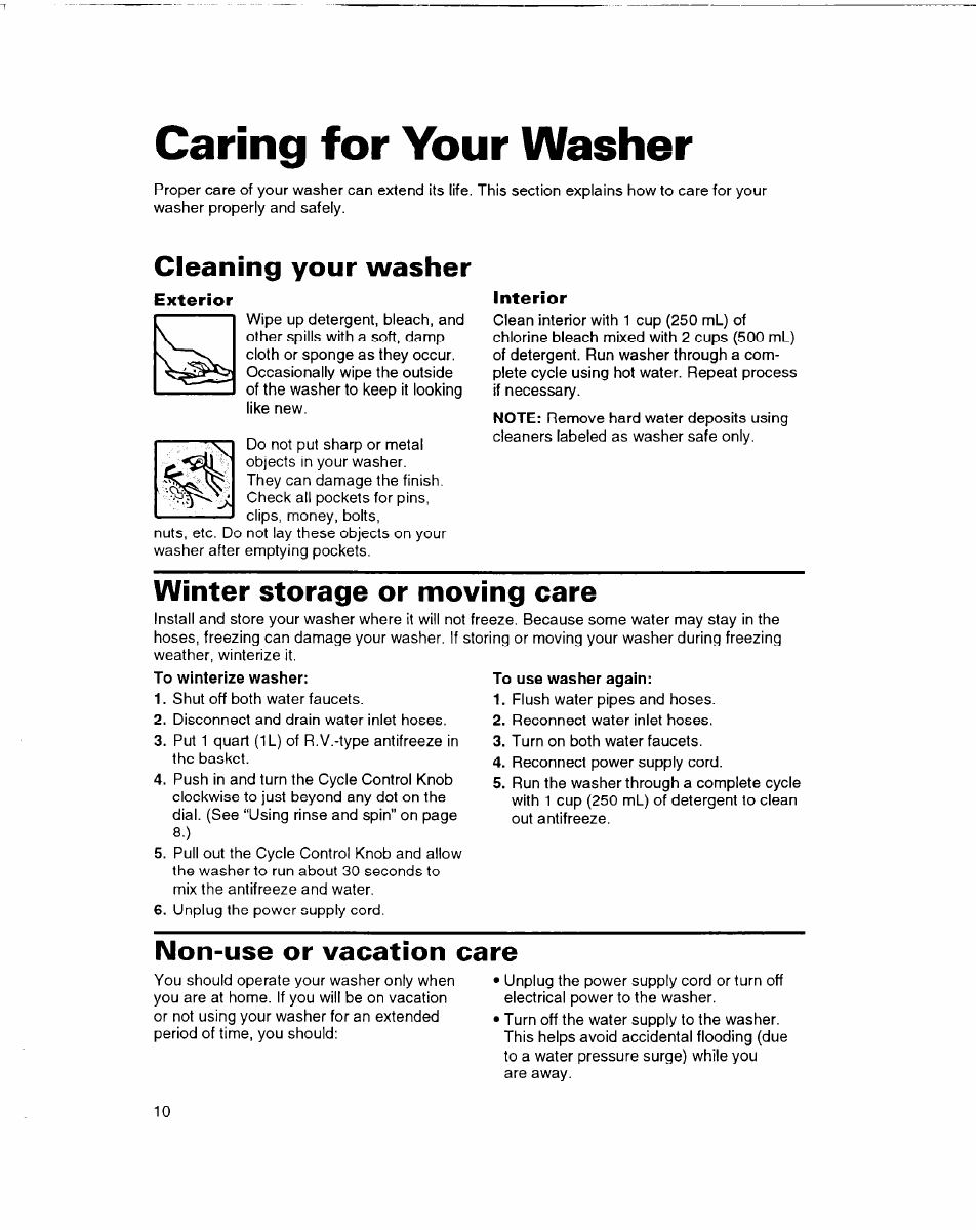 Caring for your washer, Cleaning your washer, Winter storage or moving care | Non-use or vacation care | Whirlpool 3366860 User Manual | Page 10 / 53