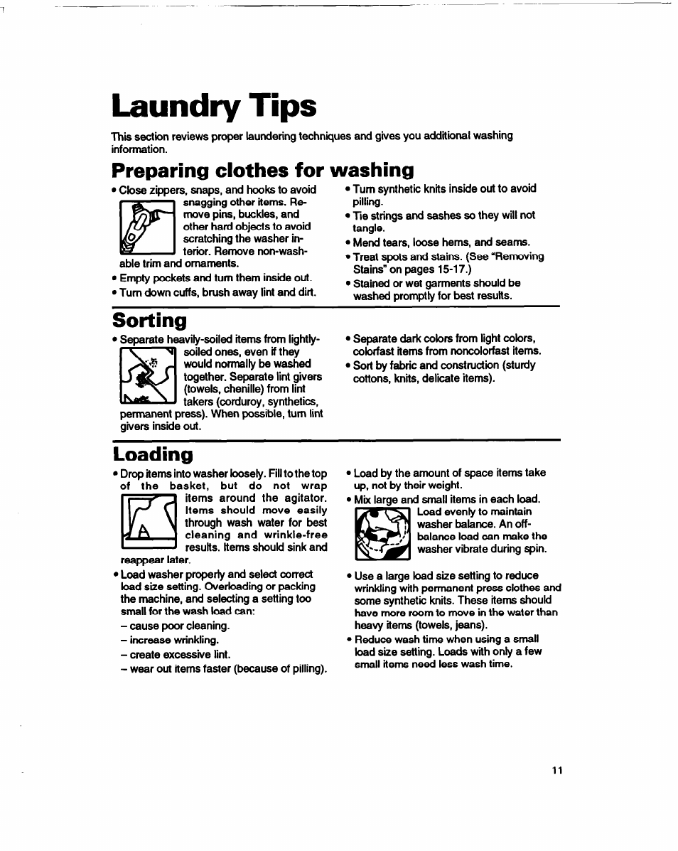 Laundry tips, Preparing clothes for washing, Sorting | Loading | Whirlpool 3366860 User Manual | Page 11 / 53