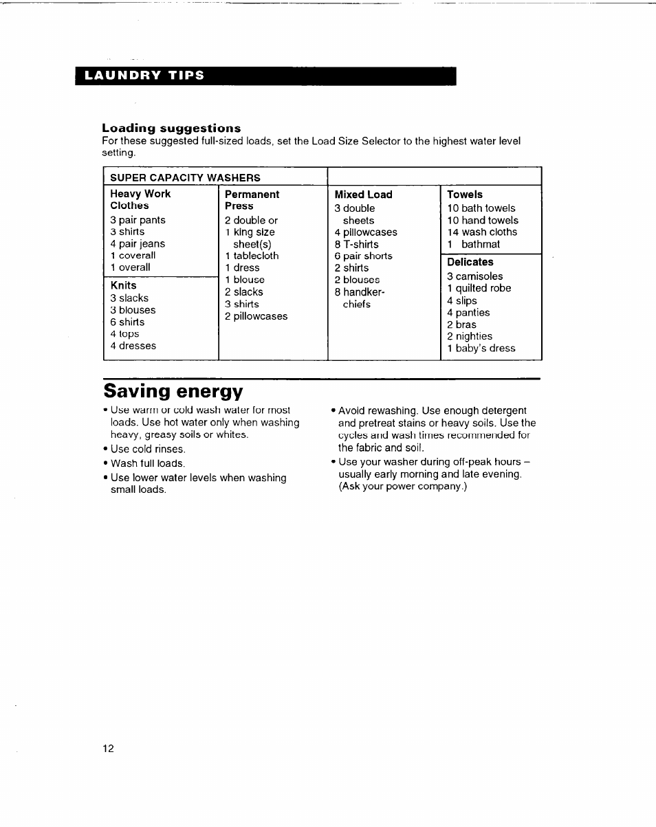 Loading suggestions, Saving energy | Whirlpool 3366860 User Manual | Page 12 / 53