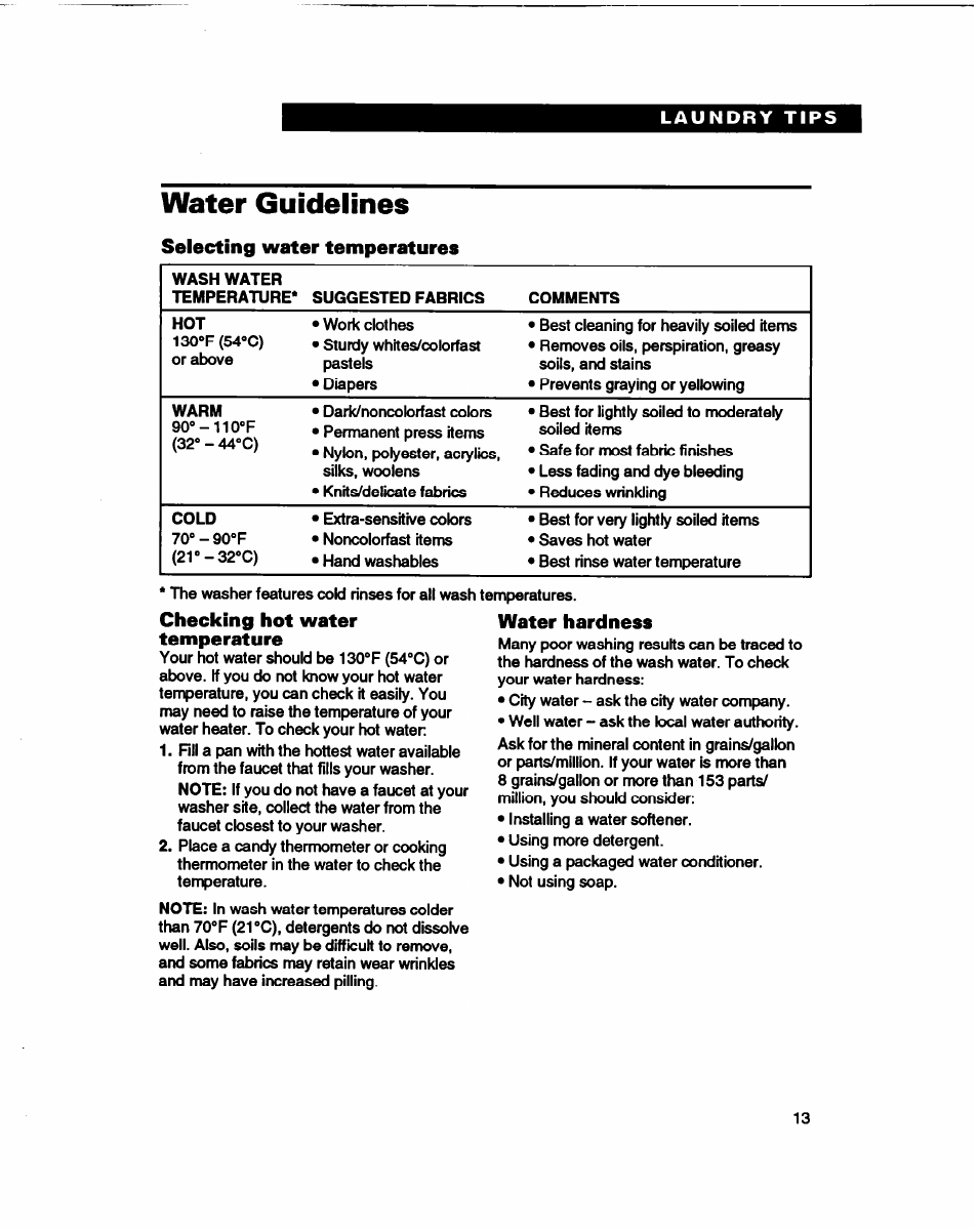 Water guidelines, Selecting water temperatures, Checking hot water temperature | Water hardness | Whirlpool 3366860 User Manual | Page 13 / 53