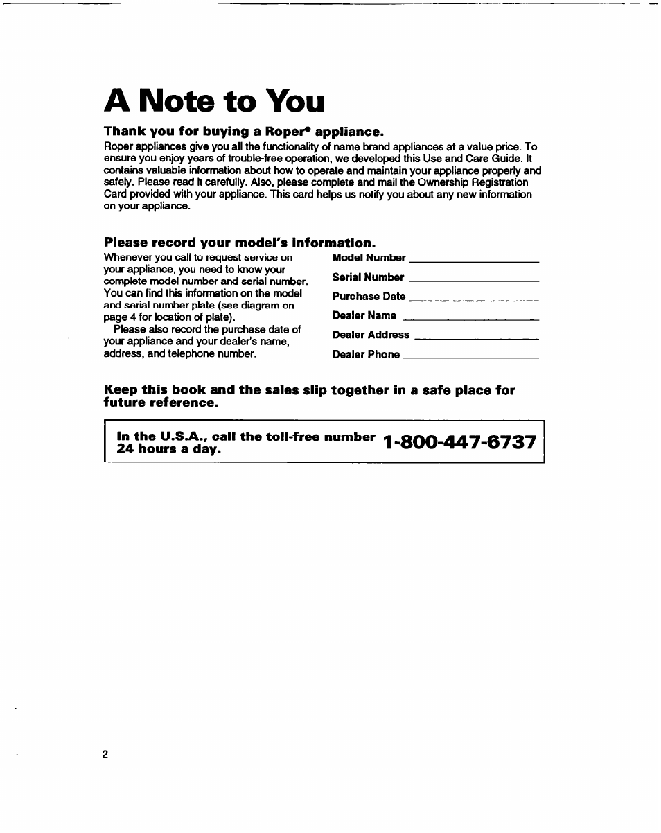 A note to you, Thank you for buying a roper* appliance, Please record your model's information | Whirlpool 3366860 User Manual | Page 2 / 53