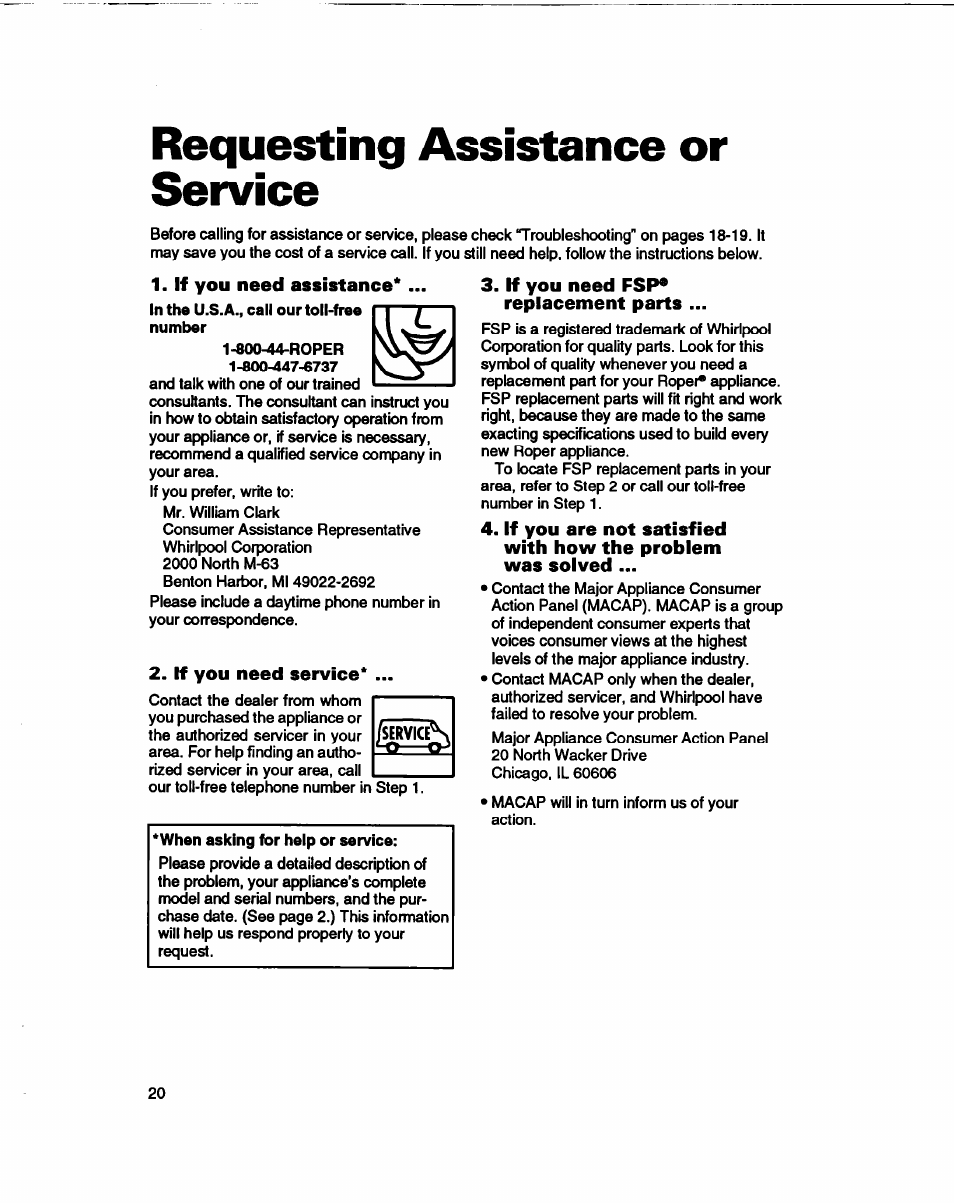 Requesting assistance or service, If you need assistance, If you need service | If you need fsp* replacement parts | Whirlpool 3366860 User Manual | Page 20 / 53