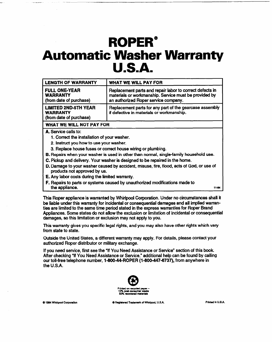 Roper, Automatic washer warranty, U.s.a | Roper’ automatic washer warranty u.s.a | Whirlpool 3366860 User Manual | Page 21 / 53