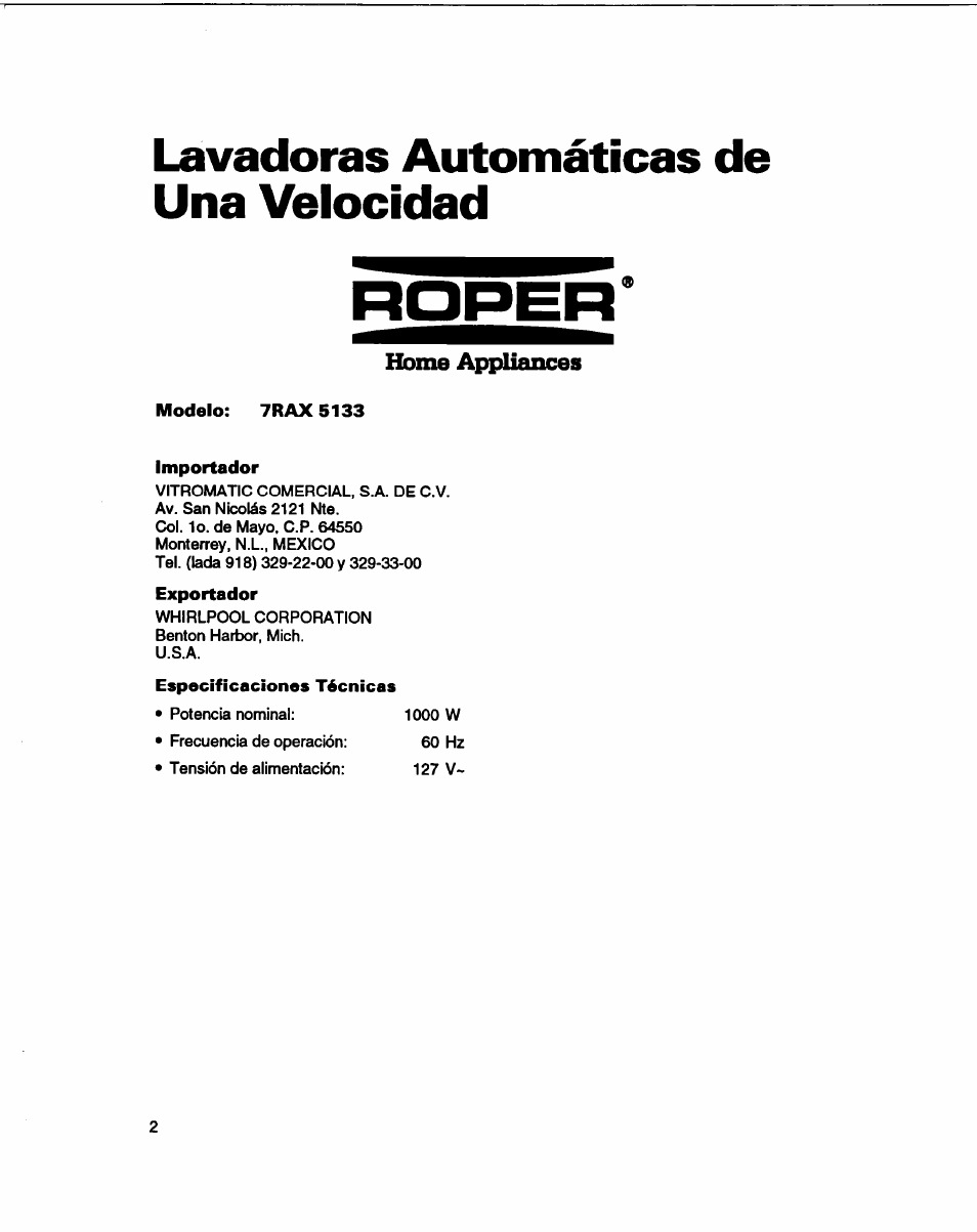 Lavadoras automáticas de una velocidad, Home appuances | Whirlpool 3366860 User Manual | Page 23 / 53