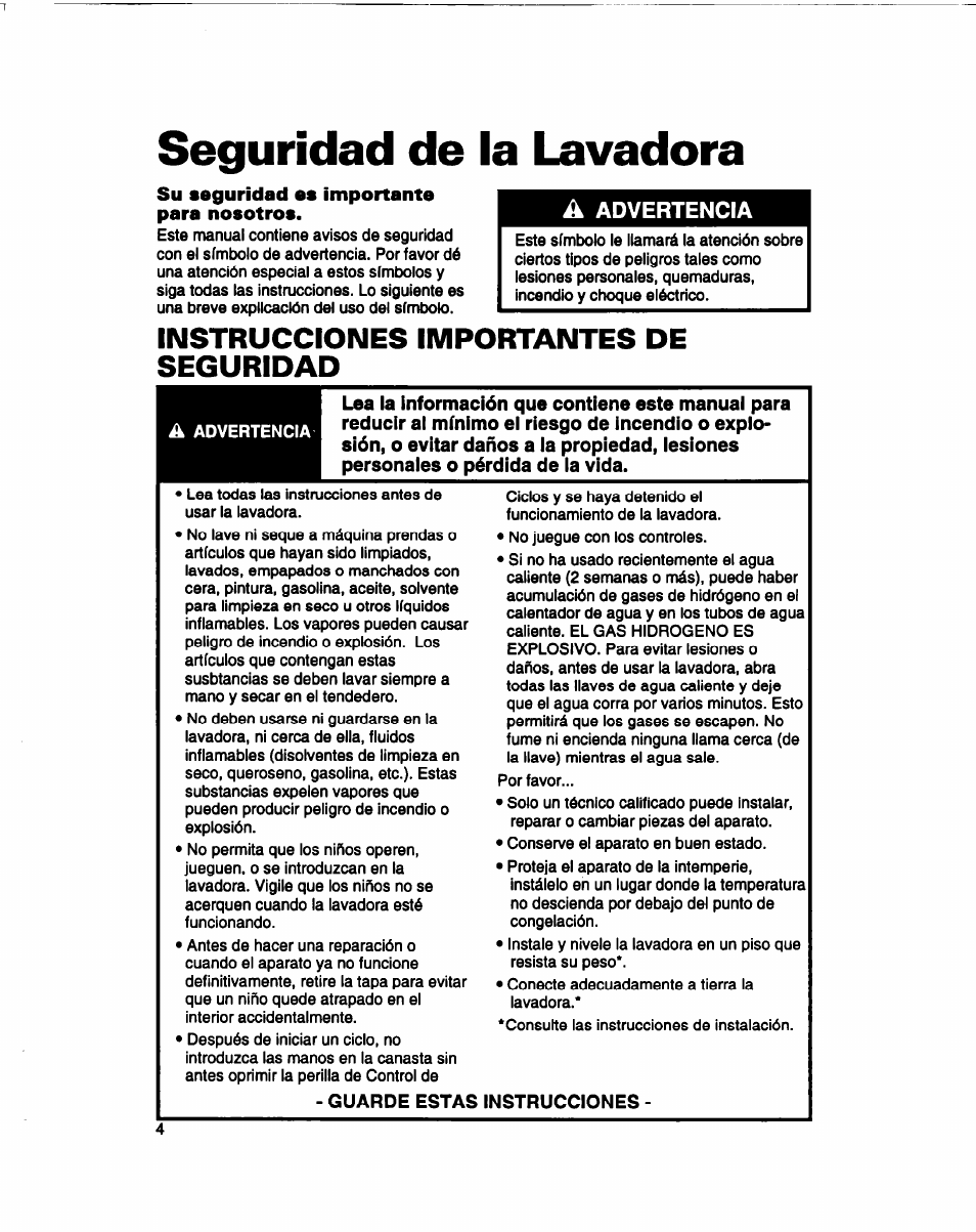 Seguridad de la lavadora, Su seguridad es importante para nosotros, Instrucciones importantes de seguridad | Advertencia | Whirlpool 3366860 User Manual | Page 25 / 53