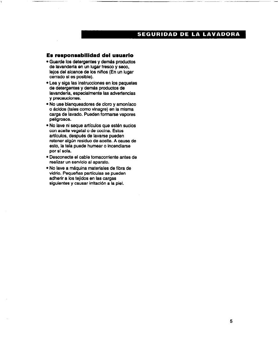 Seguridad de la lavadora, Es responsabilidad del usuario | Whirlpool 3366860 User Manual | Page 26 / 53