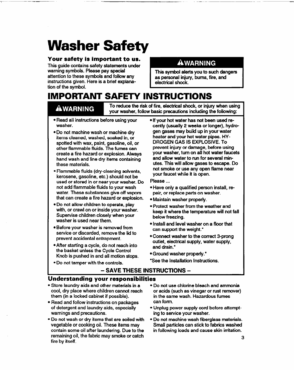 Washer safety, Your safety is important to us, Save these instructions | Understanding your responsibilities, Important safety instructions | Whirlpool 3366860 User Manual | Page 3 / 53