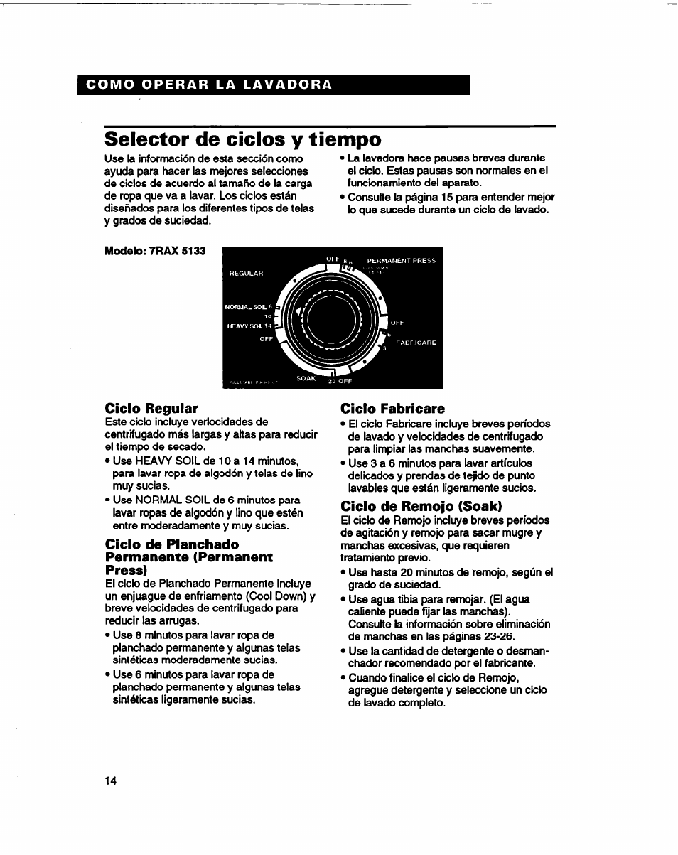 Selector de ciclos y tiempo, Ciclo regular, Ciclo de planchado permanente (permanent press) | Ciclo fabricare, Ciclo de remojo (soak) | Whirlpool 3366860 User Manual | Page 35 / 53