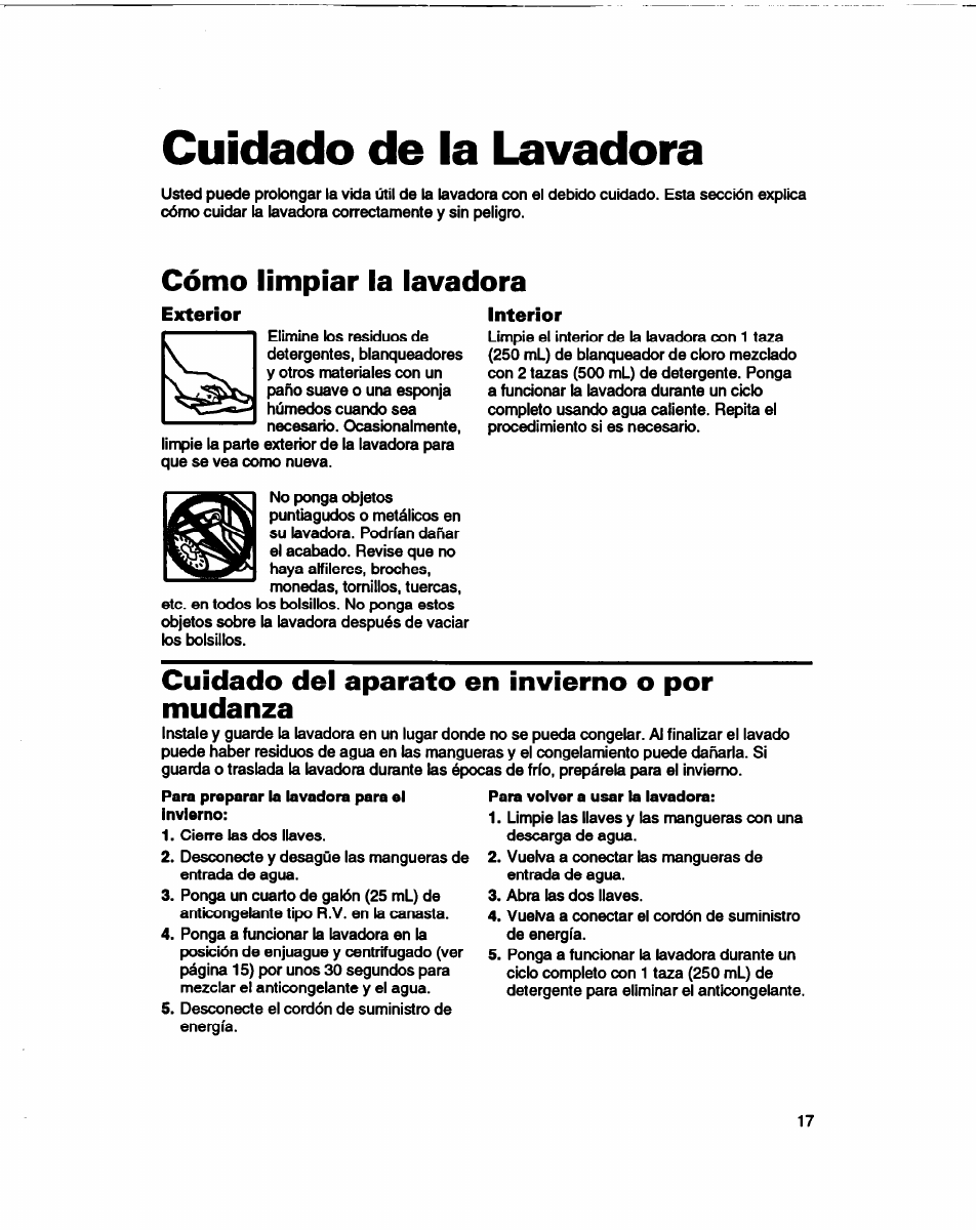 Cuidado de la lavadora, Cómo limpiar la lavadora, Exterior | Interior, Cuidado del aparato en invierno o por mudanza | Whirlpool 3366860 User Manual | Page 38 / 53