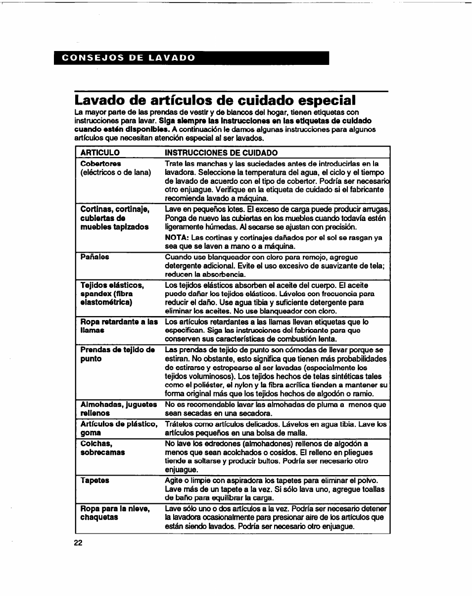 Lavado de artículos de cuidado especial | Whirlpool 3366860 User Manual | Page 43 / 53