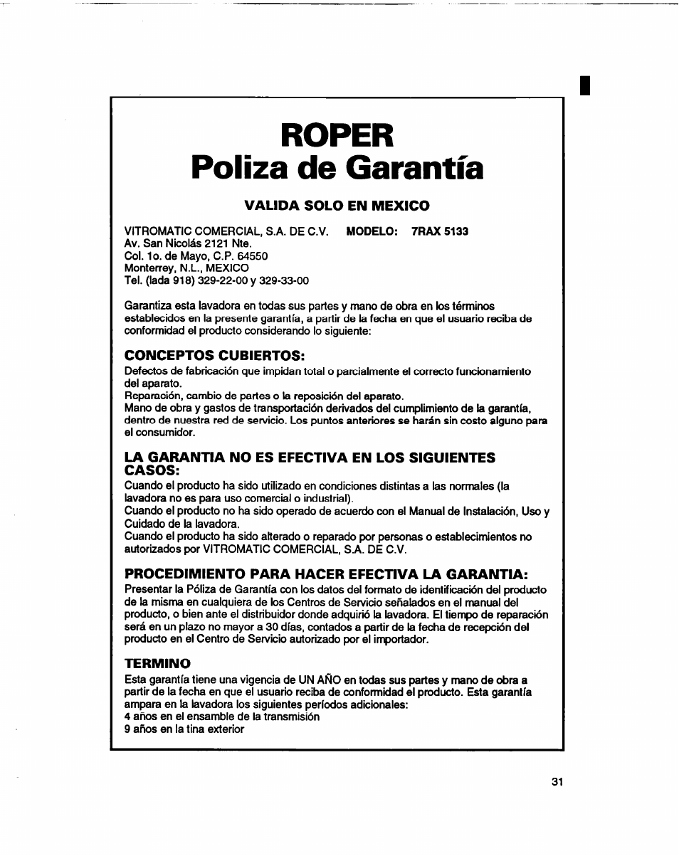 Roper, Póliza de garantía, Valida solo en mexico | Conceptos cubiertos, La garantia no es efectiva en los siguientes casos, Procedimiento para hacer efectiva la garantia, Termino, Roper póliza de garantía | Whirlpool 3366860 User Manual | Page 52 / 53