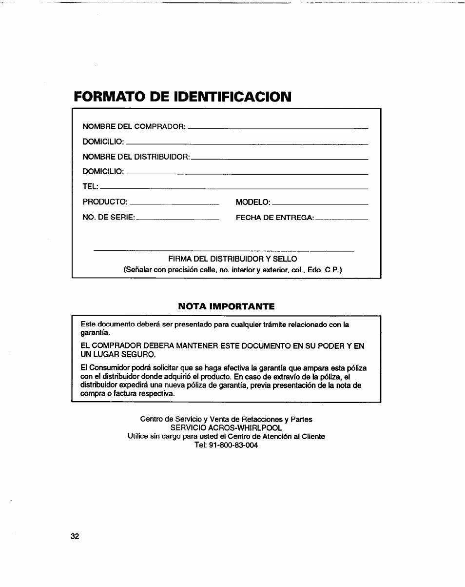 Formato de identificacion, Nota importante | Whirlpool 3366860 User Manual | Page 53 / 53