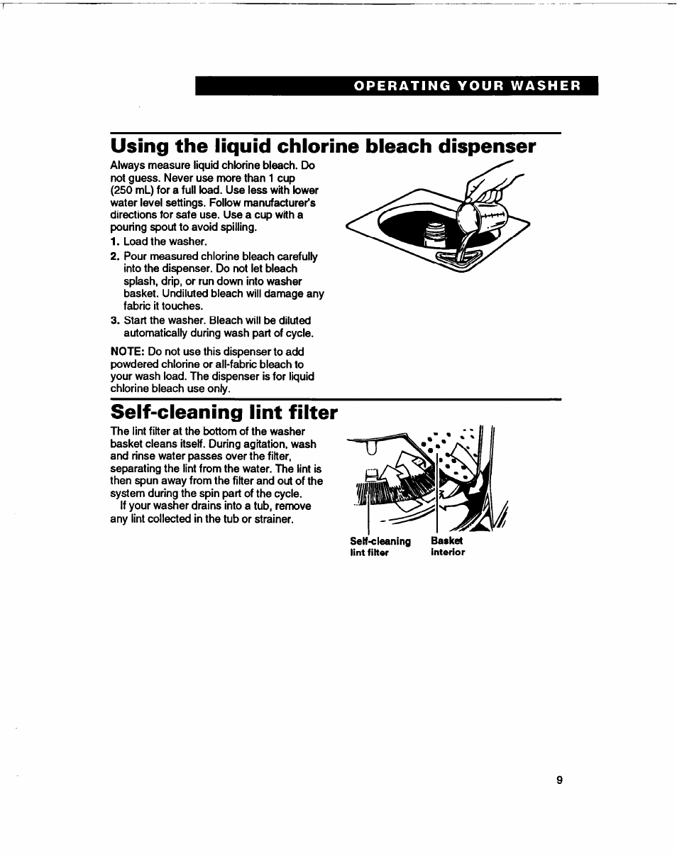 Using the liquid chlorine bleach dispenser, Self-cleaning lint filter | Whirlpool 3366860 User Manual | Page 9 / 53
