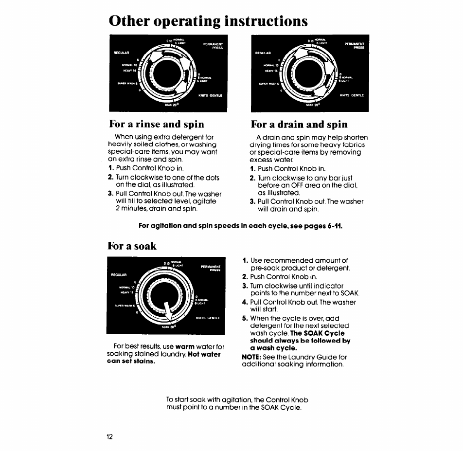 Other operating instructions, For a rinse and spin, For a drain and spin | For a soak | Whirlpool 3LA58OOXS User Manual | Page 12 / 16