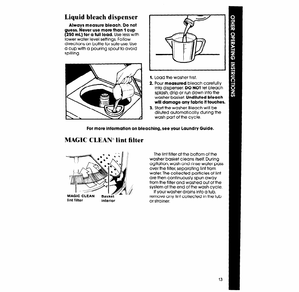 Liquid bleach dispenser, Magic clean lint filter | Whirlpool 3LA58OOXS User Manual | Page 13 / 16