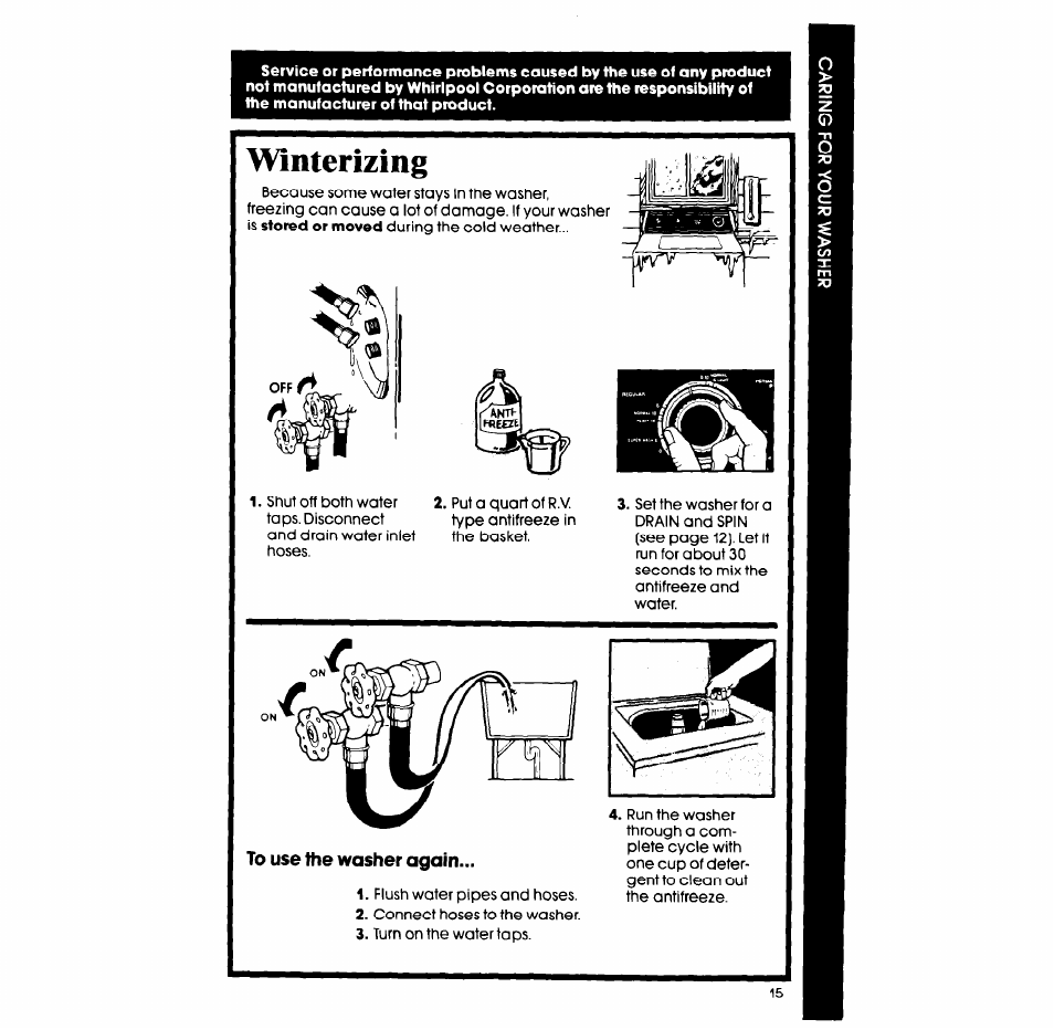 To use the washer again, Winterizing | Whirlpool 3LA58OOXS User Manual | Page 15 / 16
