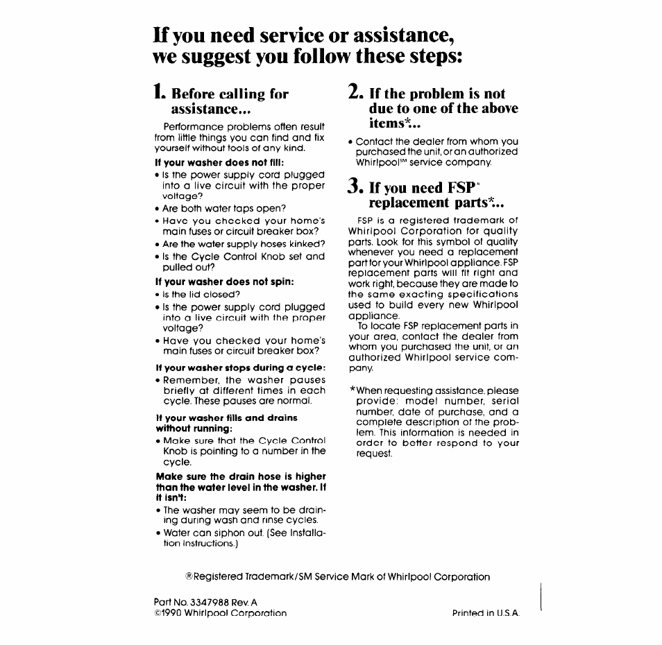 Before calling for assistance, K you need fsp" replacement parts | Whirlpool 3LA58OOXS User Manual | Page 16 / 16