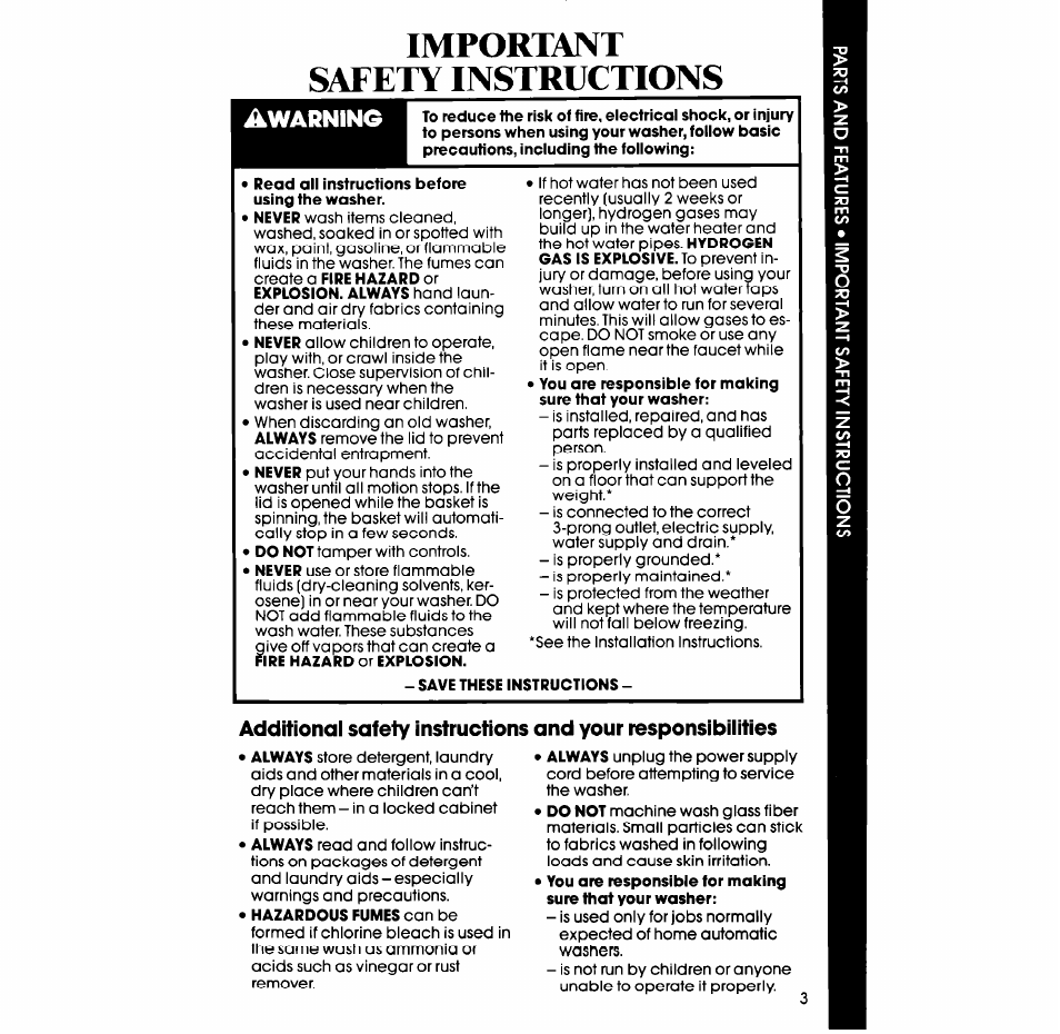 Important safety instructions, Awarning | Whirlpool 3LA58OOXS User Manual | Page 3 / 16