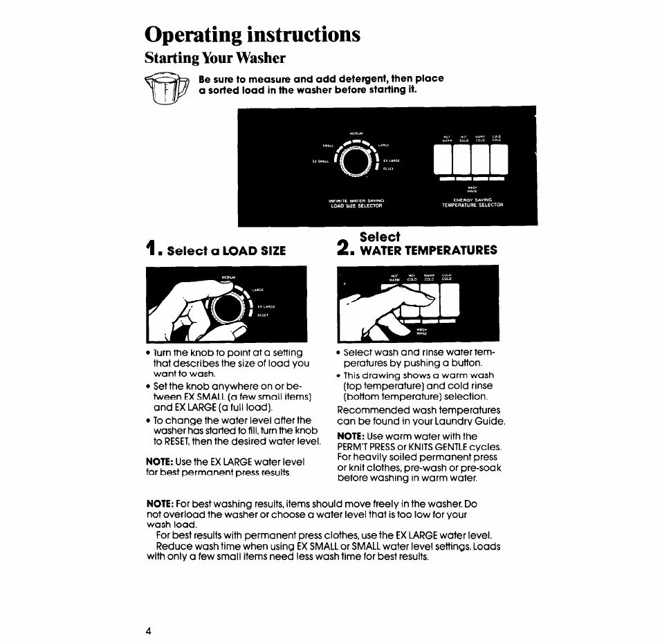 Select a load size, Select, Water temperatures | Operating instructions, Starting your washer | Whirlpool 3LA58OOXS User Manual | Page 4 / 16
