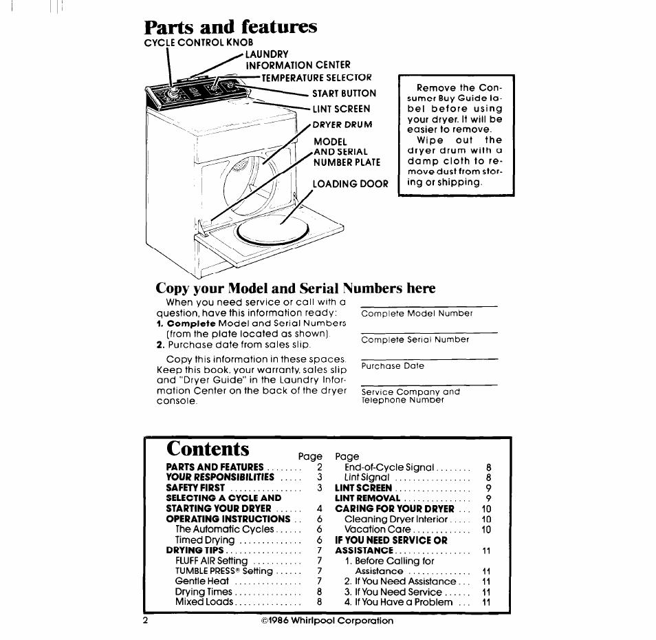 Parts and features, Copy your model and serial numbers here | Whirlpool LE7OlOXP User Manual | Page 2 / 12