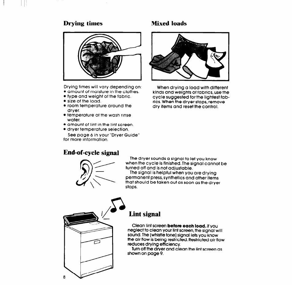 Drying times mixed loads, Nd-of-cycle signal, Lint signal | Whirlpool LE7OlOXP User Manual | Page 8 / 12