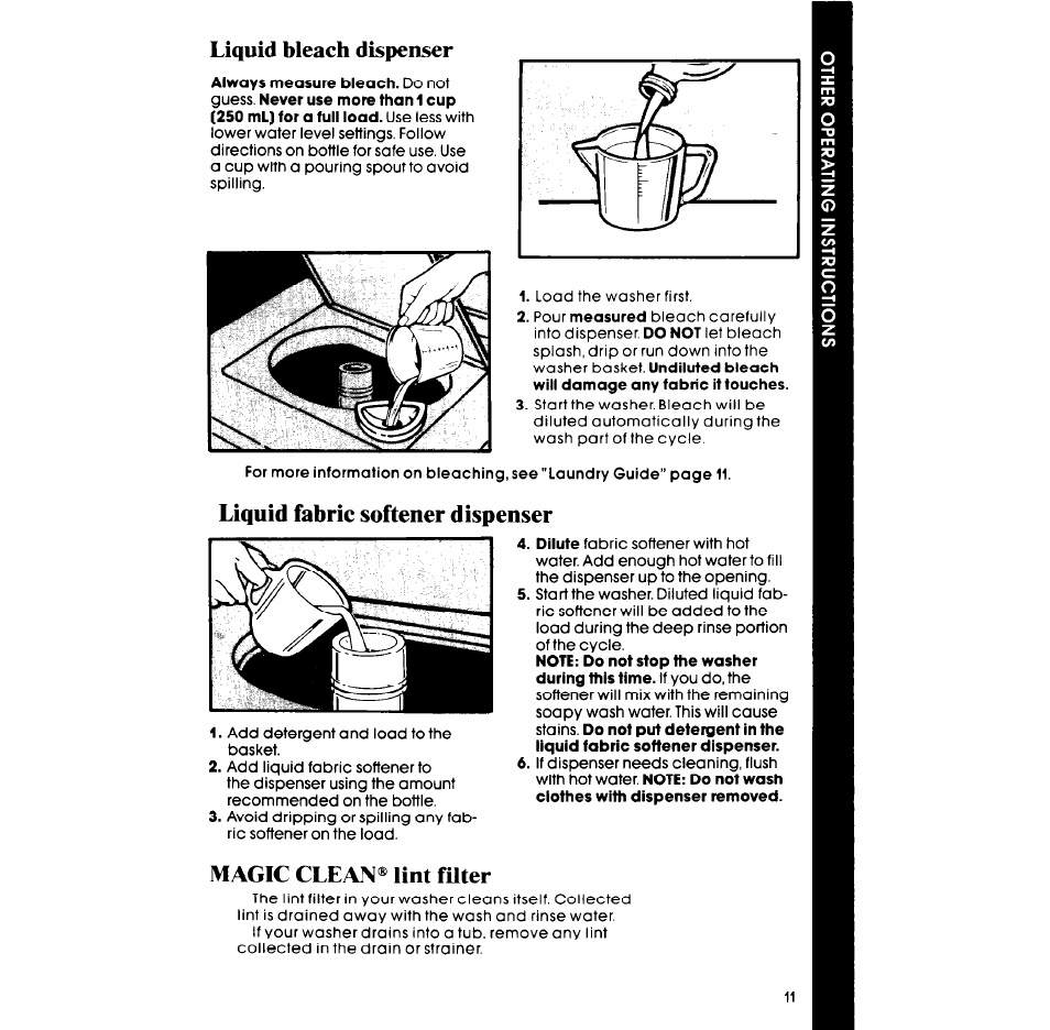 Liquid bleach dispenser, Magic clean® lint filter, Liquid fabric softener dispenser | Whirlpool LA7899XP User Manual | Page 11 / 16