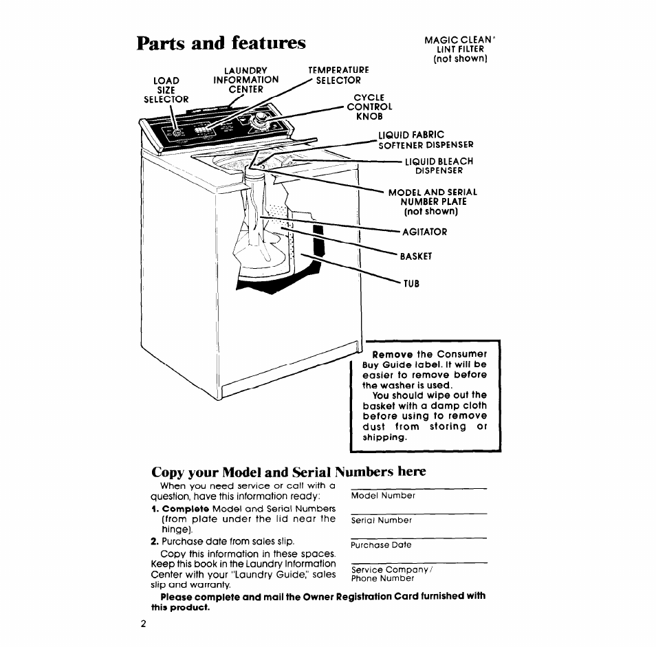 Parts and features, Copy your model and serial numbers here | Whirlpool LA7899XP User Manual | Page 2 / 16