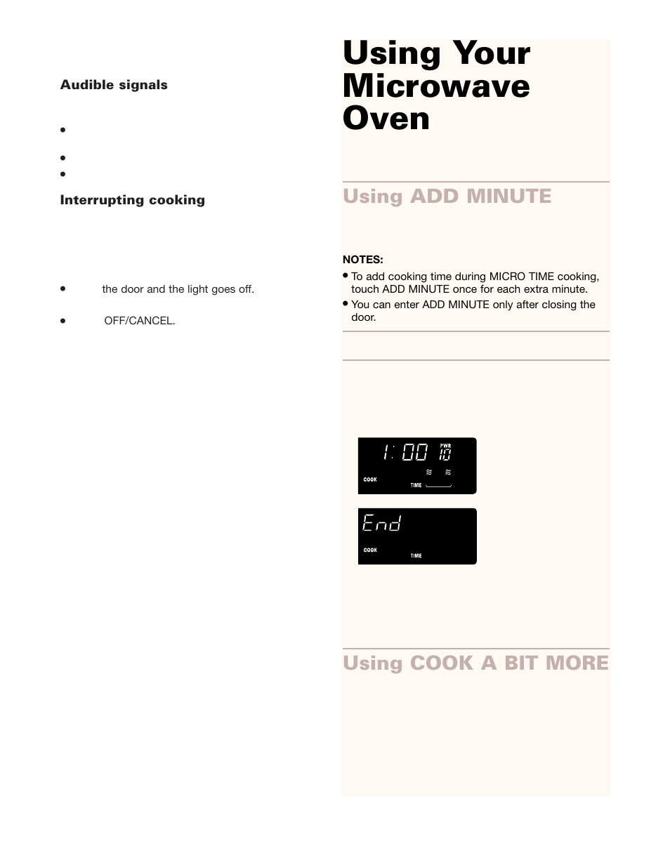 Using your microwave oven, Using add minute, Using cook a bit more | Whirlpool GMC275PD User Manual | Page 10 / 32