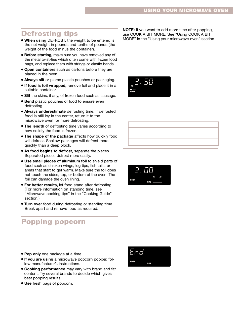 Defrosting tips, Popping popcorn | Whirlpool GMC275PD User Manual | Page 19 / 32