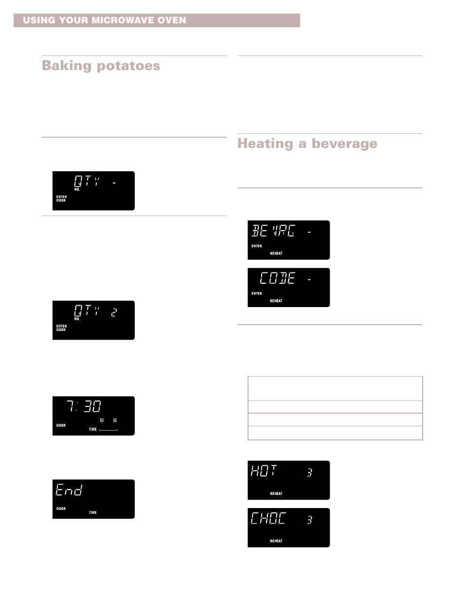 Baking potatoes, Heating a beverage | Whirlpool GMC275PD User Manual | Page 22 / 32