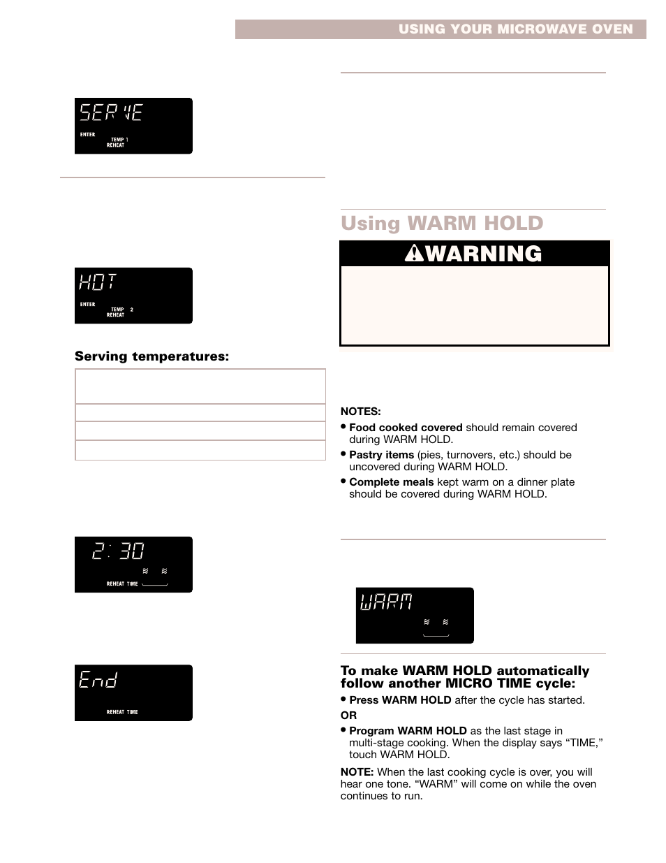 Using warm hold, Wwarning | Whirlpool GMC275PD User Manual | Page 23 / 32