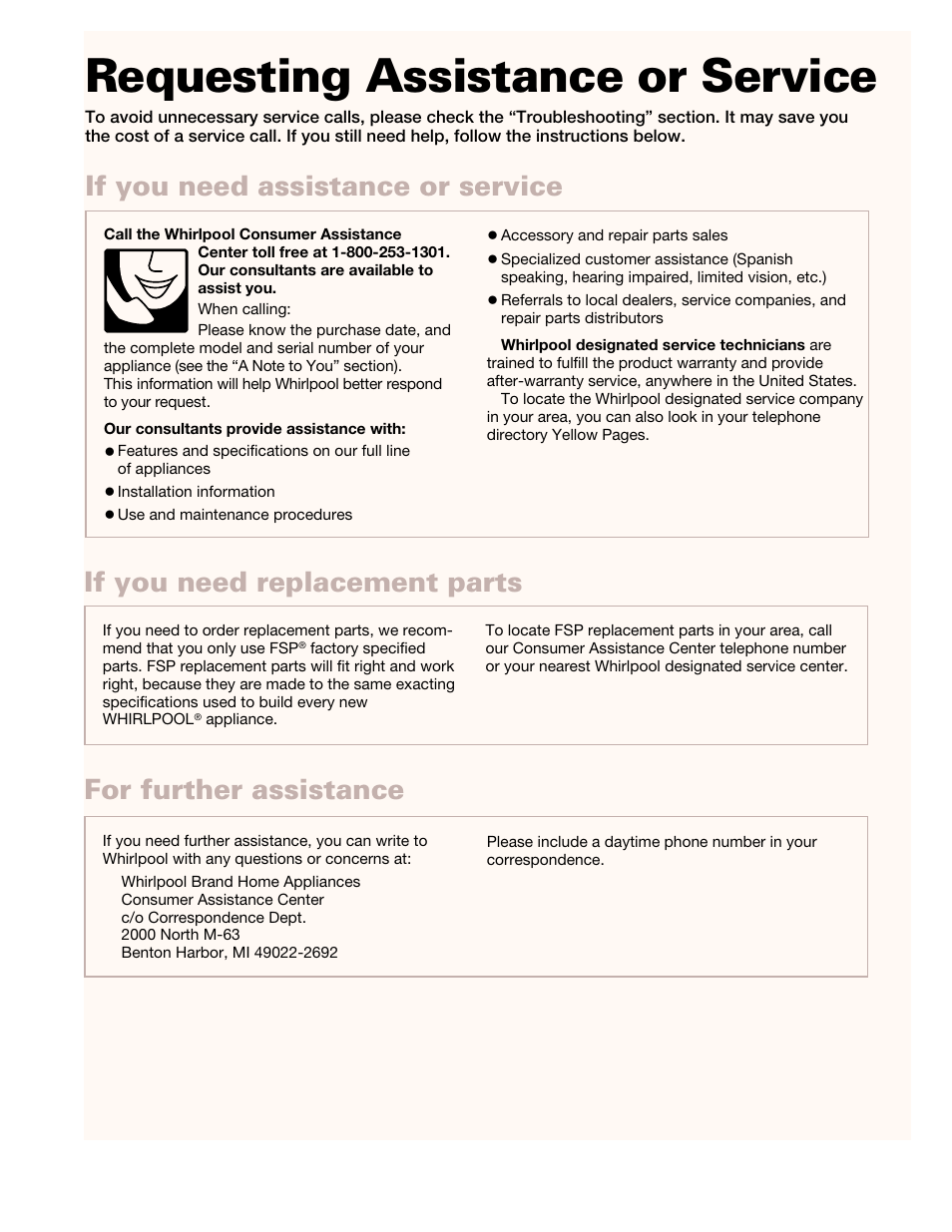 Requesting assistance or service, For further assistance | Whirlpool GMC275PD User Manual | Page 31 / 32