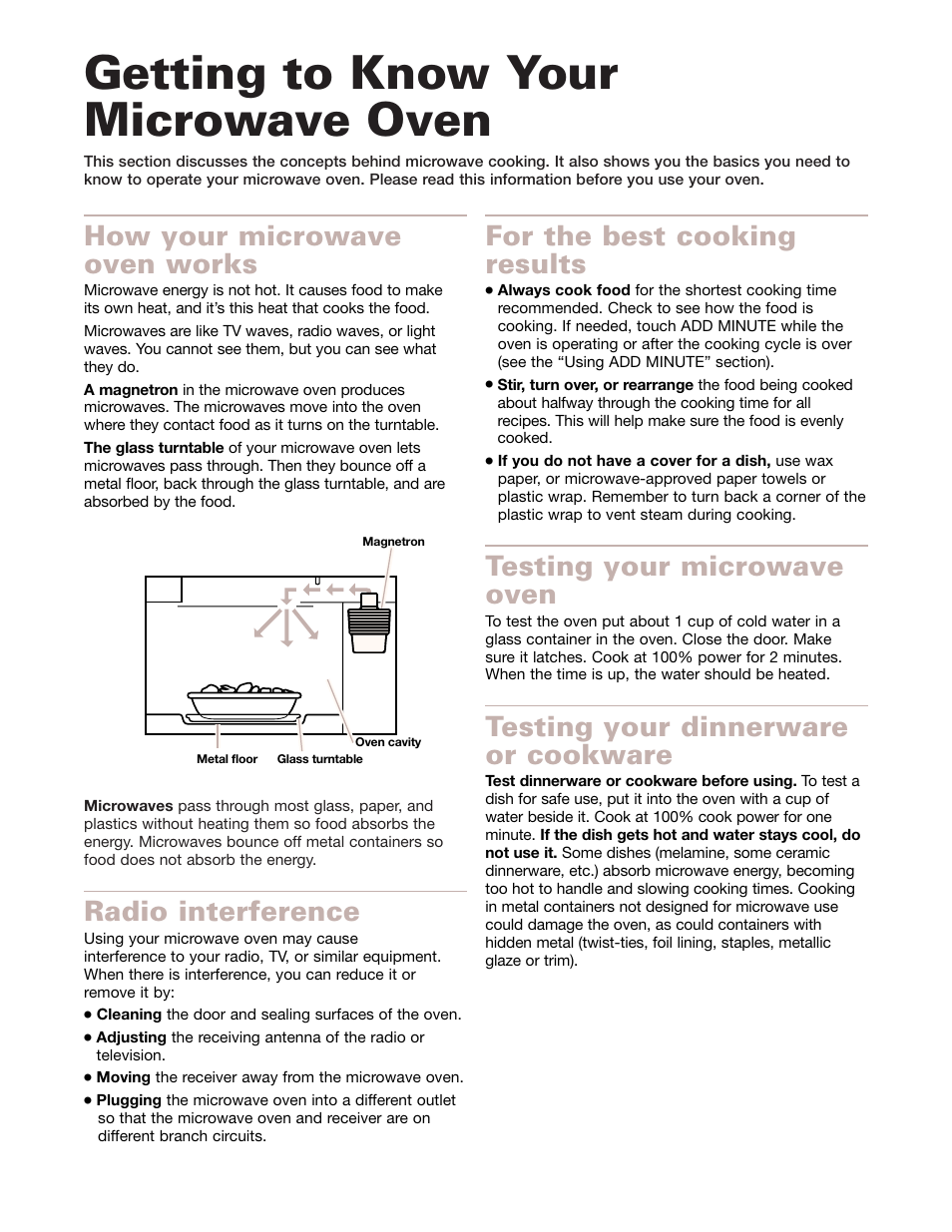 Getting to know your, How your microwave oven works, For the best cooking results | Testing your microwave oven, Testing your dinnerware or cookware, Radio interference, Getting to know your microwave oven | Whirlpool GMC275PD User Manual | Page 6 / 32