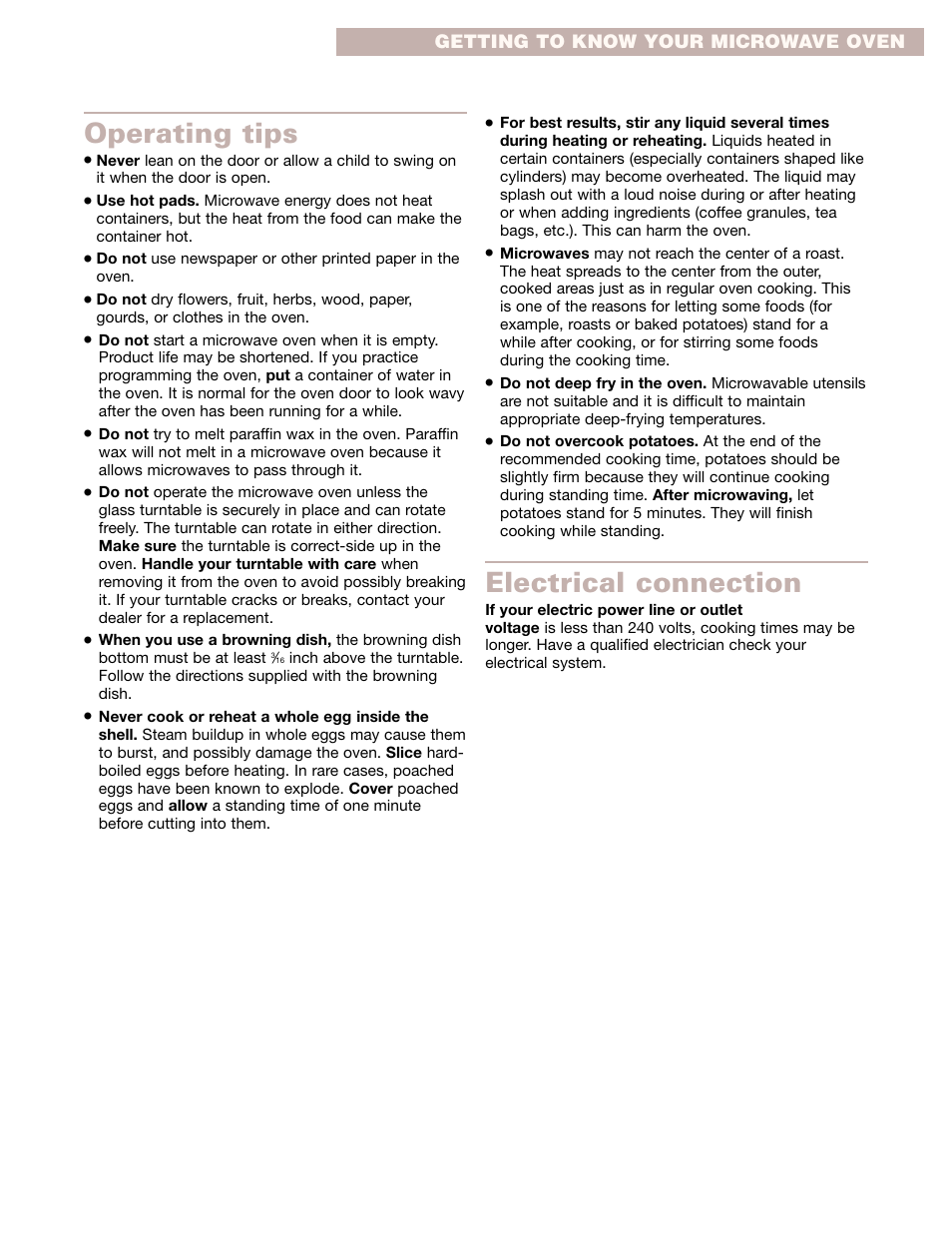 Operating tips, Electrical connection | Whirlpool GMC275PD User Manual | Page 7 / 32