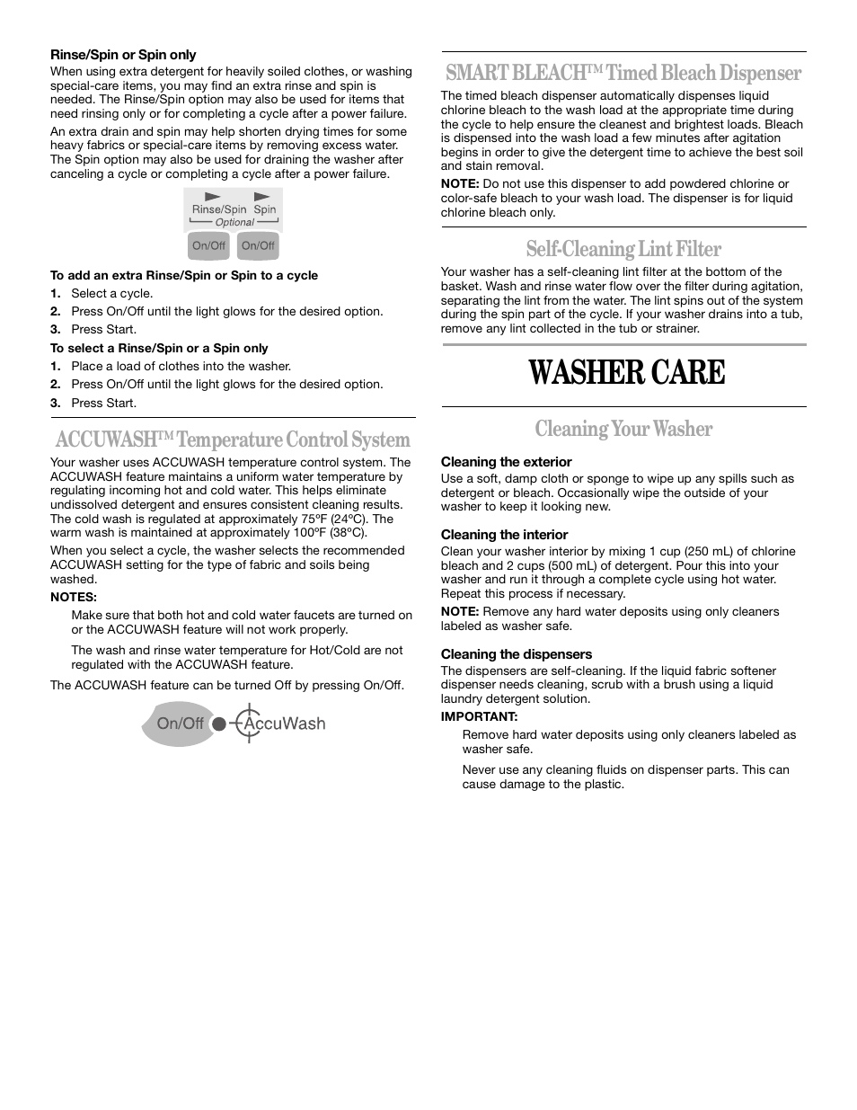 Washer care, Accuwash™ temperature control system, Smart bleach™ timed bleach dispenser | Self-cleaning lint filter, Cleaning your washer | Whirlpool CATALYST User Manual | Page 10 / 15