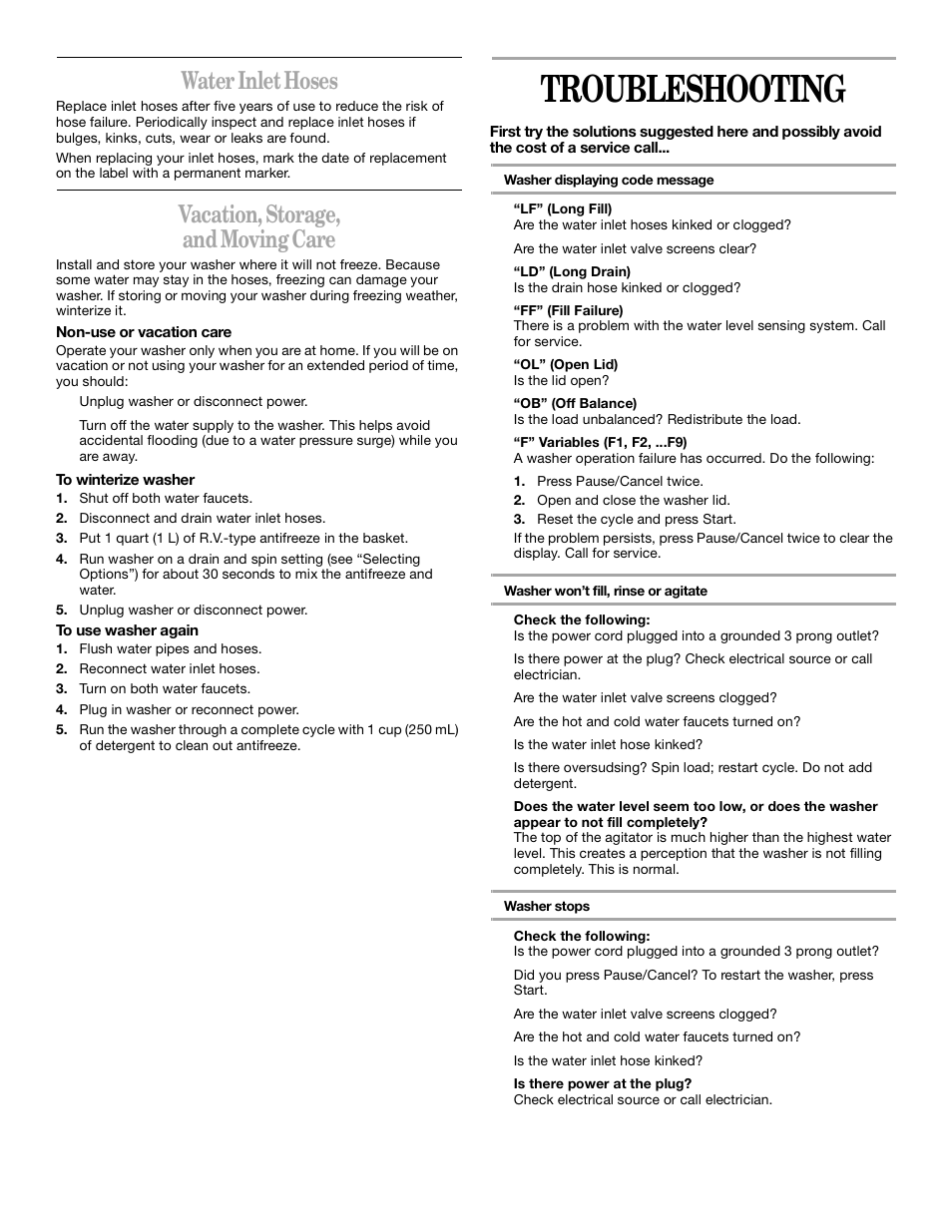 Troubleshooting, Water inlet hoses, Vacation, storage, and moving care | Whirlpool CATALYST User Manual | Page 11 / 15