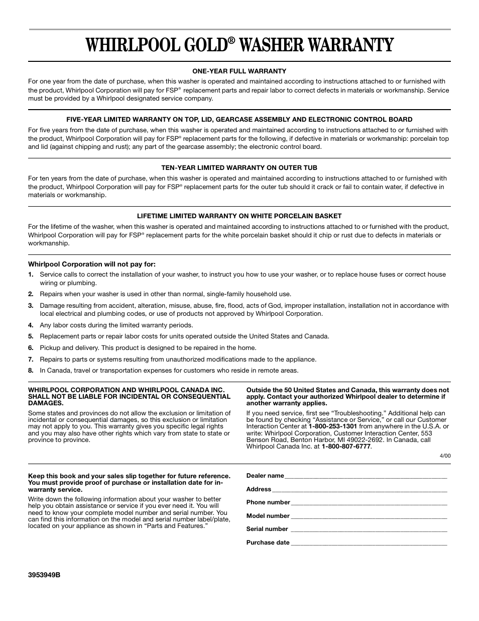 Warranty, Whirlpool gold, Washer warranty | Whirlpool CATALYST User Manual | Page 15 / 15