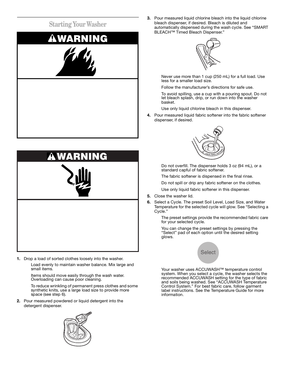 Warning, Starting your washer | Whirlpool CATALYST User Manual | Page 6 / 15