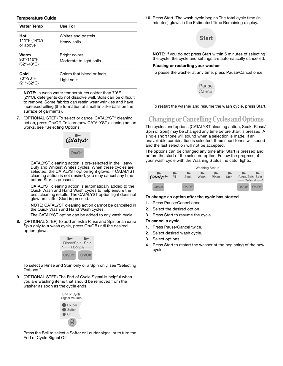 Changing or cancelling cycles and options | Whirlpool CATALYST User Manual | Page 7 / 15