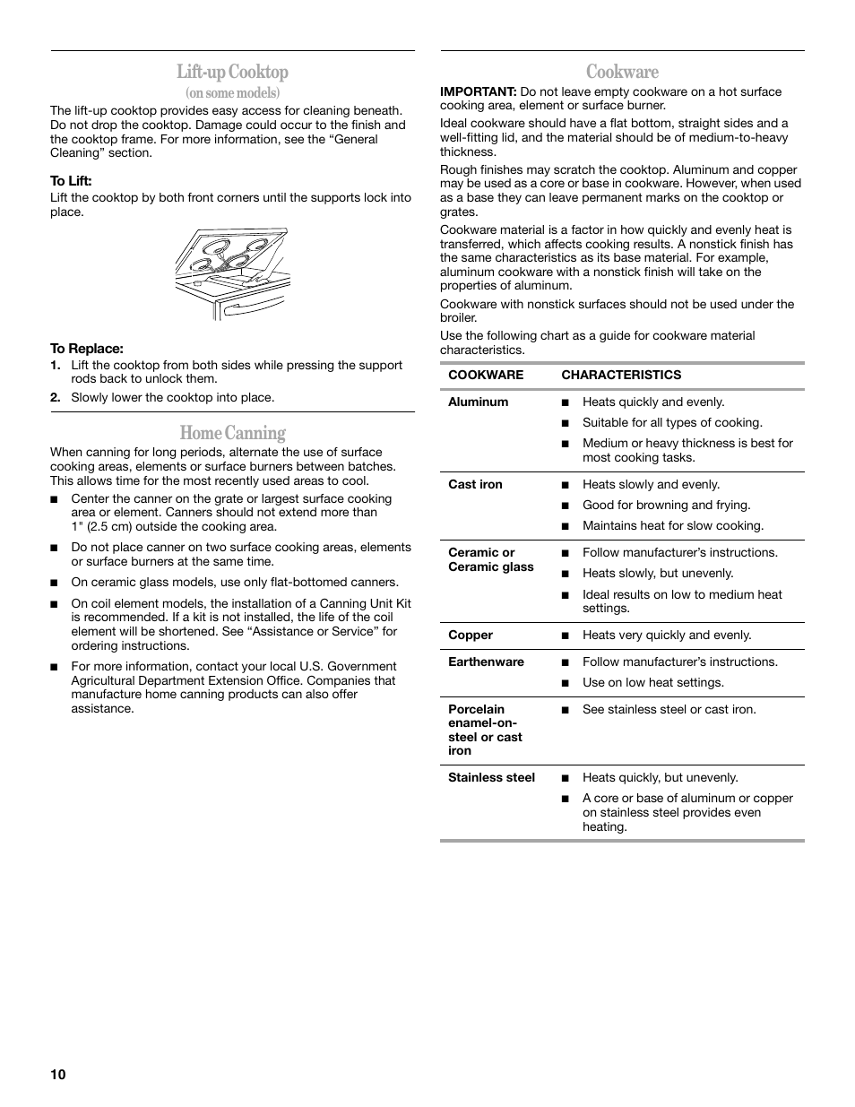 Lift-up cooktop, Home canning, Cookware | On some models) | Whirlpool 9761862 User Manual | Page 10 / 28