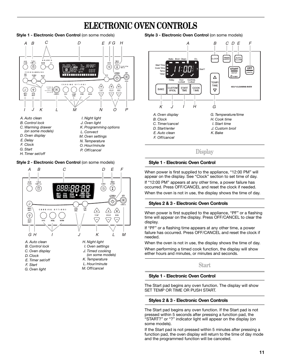 Electronic oven controls, Display, Start | Style 1 - electronic oven control, Styles 2 & 3 - electronic oven controls | Whirlpool 9761862 User Manual | Page 11 / 28