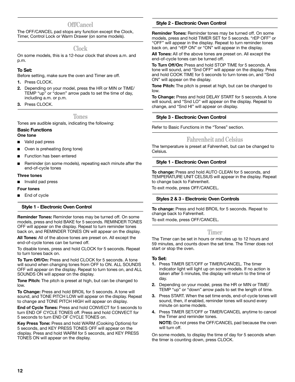 Off/cancel, Clock, Tones | Fahrenheit and celsius, Timer | Whirlpool 9761862 User Manual | Page 12 / 28