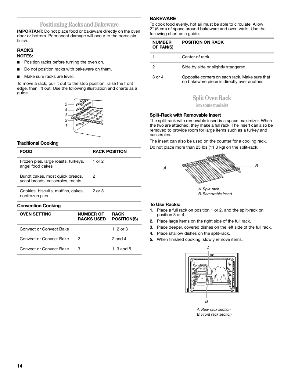 Positioning racks and bakeware, Split oven rack | Whirlpool 9761862 User Manual | Page 14 / 28